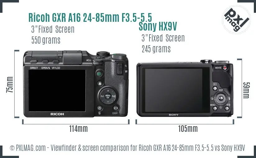 Ricoh GXR A16 24-85mm F3.5-5.5 vs Sony HX9V Screen and Viewfinder comparison