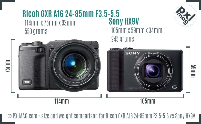 Ricoh GXR A16 24-85mm F3.5-5.5 vs Sony HX9V size comparison