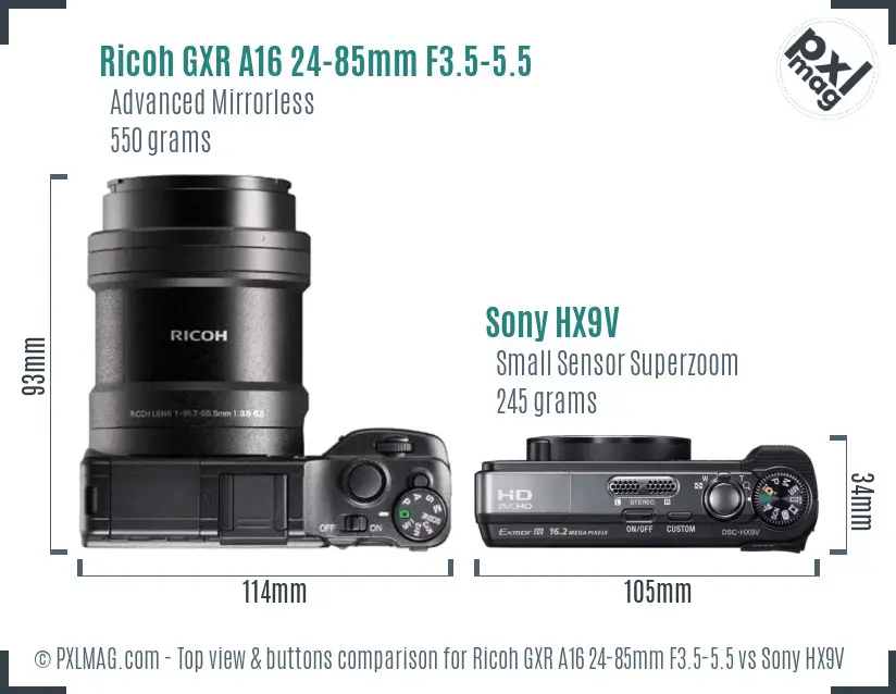 Ricoh GXR A16 24-85mm F3.5-5.5 vs Sony HX9V top view buttons comparison