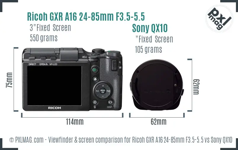 Ricoh GXR A16 24-85mm F3.5-5.5 vs Sony QX10 Screen and Viewfinder comparison