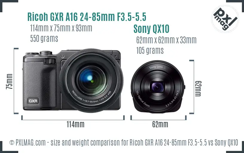 Ricoh GXR A16 24-85mm F3.5-5.5 vs Sony QX10 size comparison