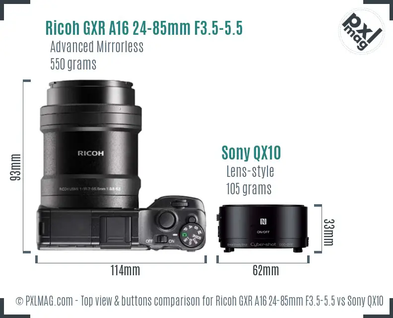 Ricoh GXR A16 24-85mm F3.5-5.5 vs Sony QX10 top view buttons comparison