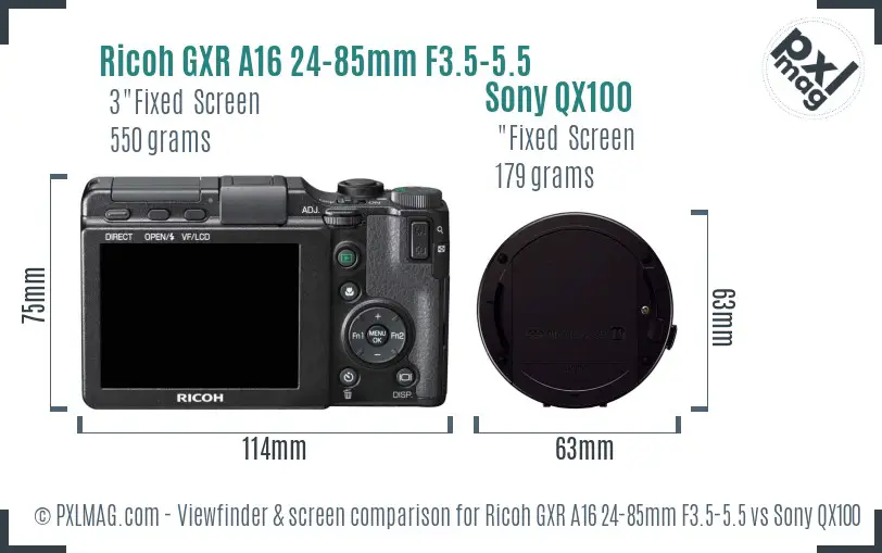 Ricoh GXR A16 24-85mm F3.5-5.5 vs Sony QX100 Screen and Viewfinder comparison Ricoh GXR A16 24-85mm F3.5-5.5 vs Sony QX100 Screen and Viewfinder comparison