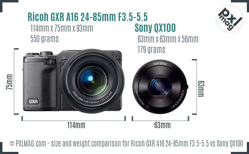 Ricoh GXR A16 24-85mm F3.5-5.5 vs Sony QX100 size comparison Ricoh GXR A16 24-85mm F3.5-5.5 vs Sony QX100 size comparison