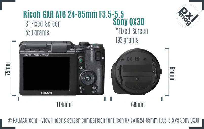 Ricoh GXR A16 24-85mm F3.5-5.5 vs Sony QX30 Screen and Viewfinder comparison