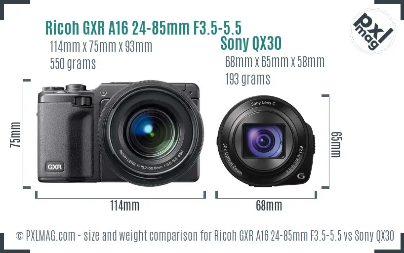 Ricoh GXR A16 24-85mm F3.5-5.5 vs Sony QX30 size comparison