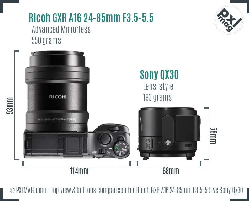 Ricoh GXR A16 24-85mm F3.5-5.5 vs Sony QX30 top view buttons comparison