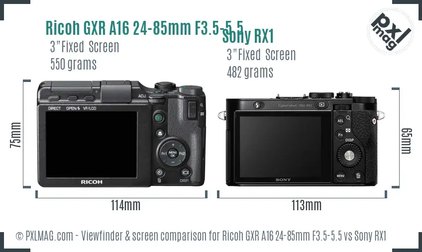 Ricoh GXR A16 24-85mm F3.5-5.5 vs Sony RX1 Screen and Viewfinder comparison