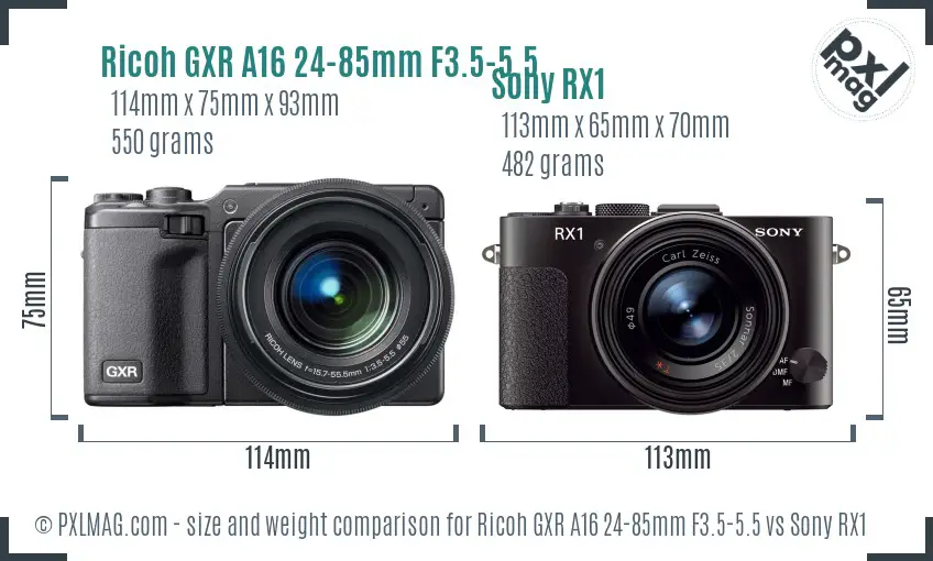 Ricoh GXR A16 24-85mm F3.5-5.5 vs Sony RX1 size comparison