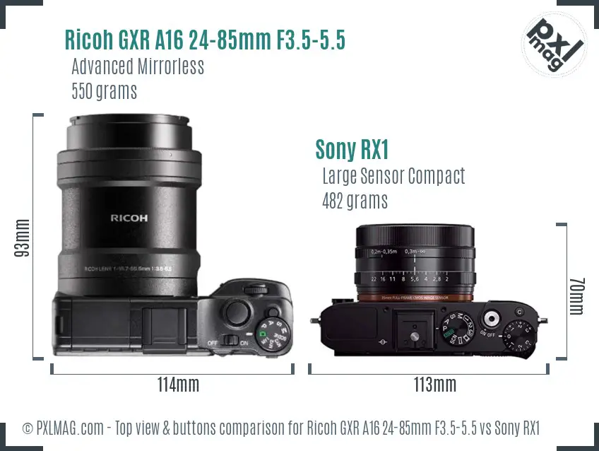 Ricoh GXR A16 24-85mm F3.5-5.5 vs Sony RX1 top view buttons comparison
