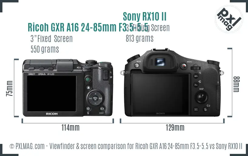 Ricoh GXR A16 24-85mm F3.5-5.5 vs Sony RX10 II Screen and Viewfinder comparison