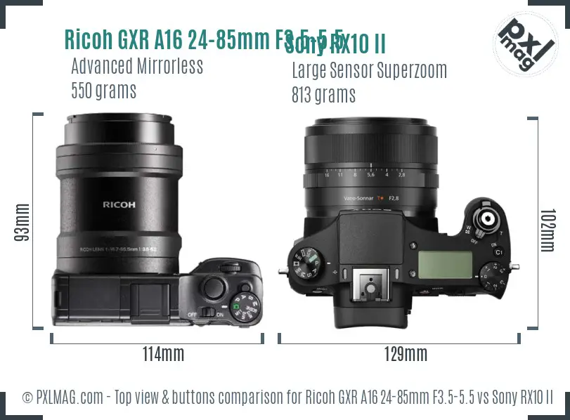 Ricoh GXR A16 24-85mm F3.5-5.5 vs Sony RX10 II top view buttons comparison