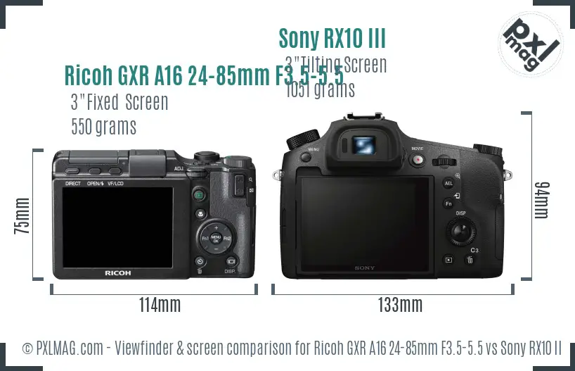 Ricoh GXR A16 24-85mm F3.5-5.5 vs Sony RX10 III Screen and Viewfinder comparison