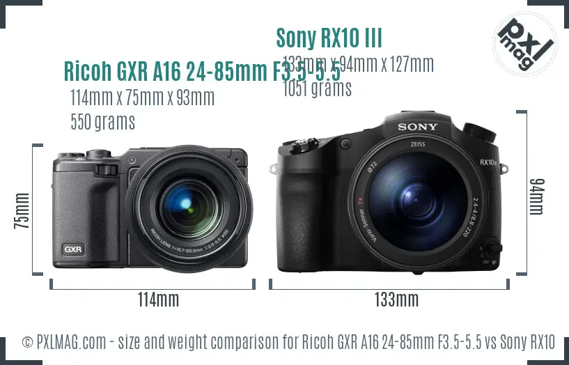 Ricoh GXR A16 24-85mm F3.5-5.5 vs Sony RX10 III size comparison