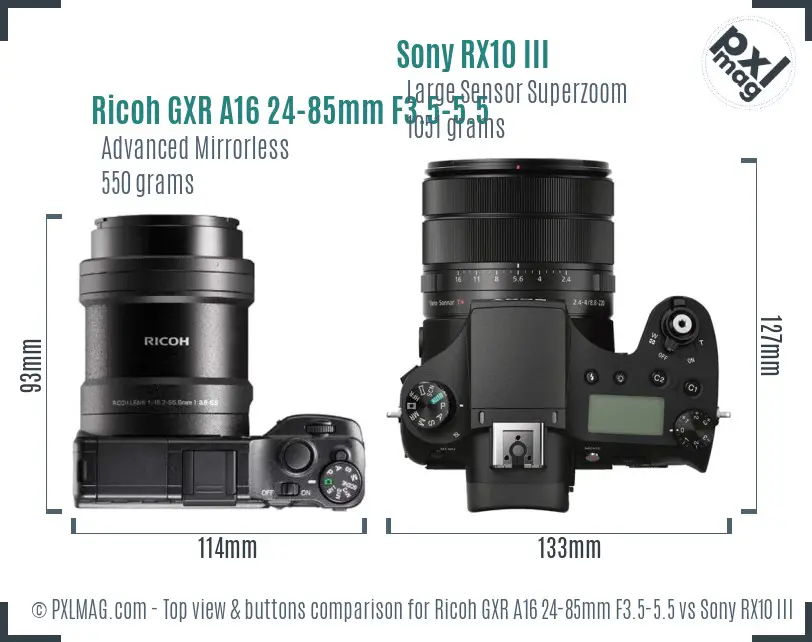 Ricoh GXR A16 24-85mm F3.5-5.5 vs Sony RX10 III top view buttons comparison