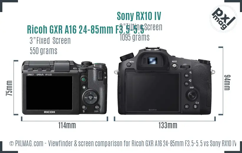 Ricoh GXR A16 24-85mm F3.5-5.5 vs Sony RX10 IV Screen and Viewfinder comparison