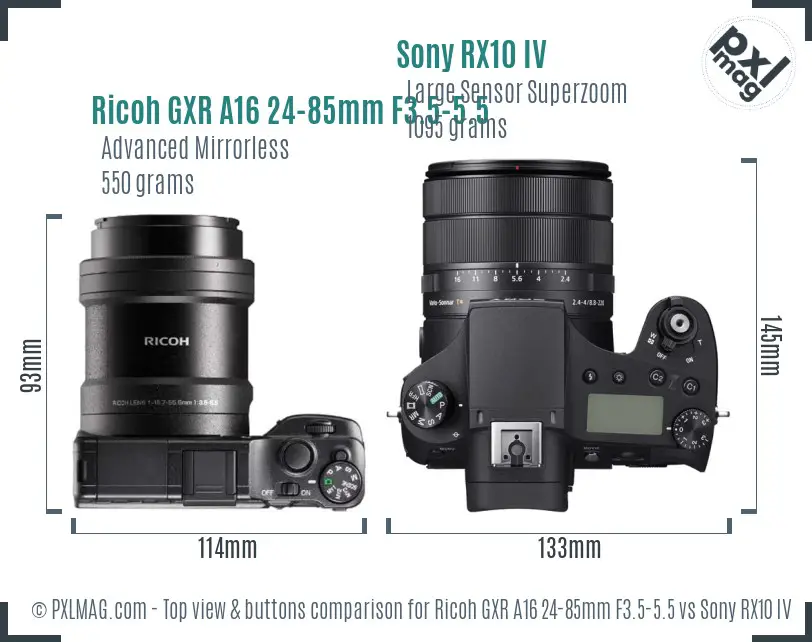 Ricoh GXR A16 24-85mm F3.5-5.5 vs Sony RX10 IV top view buttons comparison