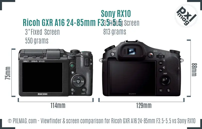 Ricoh GXR A16 24-85mm F3.5-5.5 vs Sony RX10 Screen and Viewfinder comparison