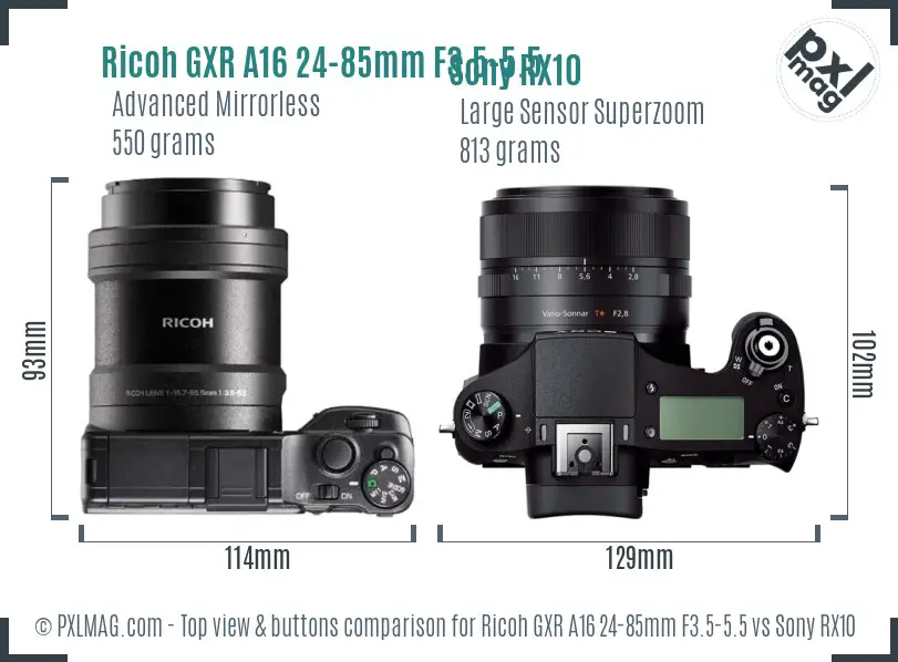 Ricoh GXR A16 24-85mm F3.5-5.5 vs Sony RX10 top view buttons comparison