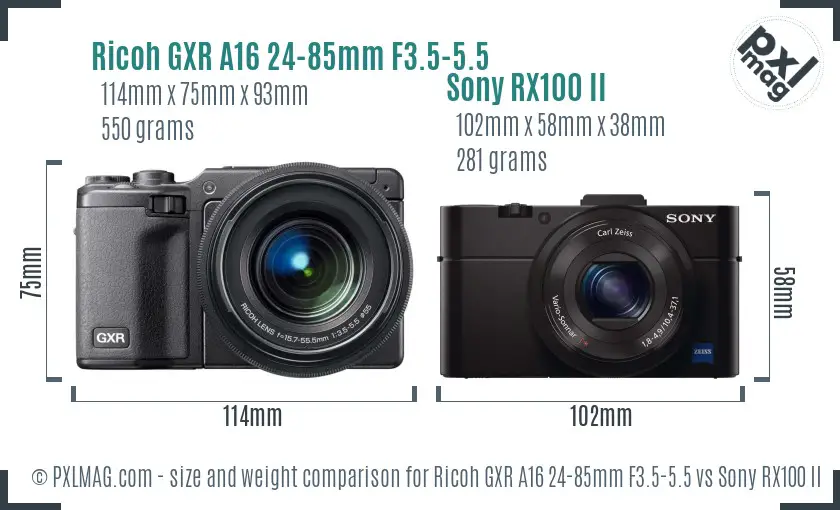 Ricoh GXR A16 24-85mm F3.5-5.5 vs Sony RX100 II size comparison