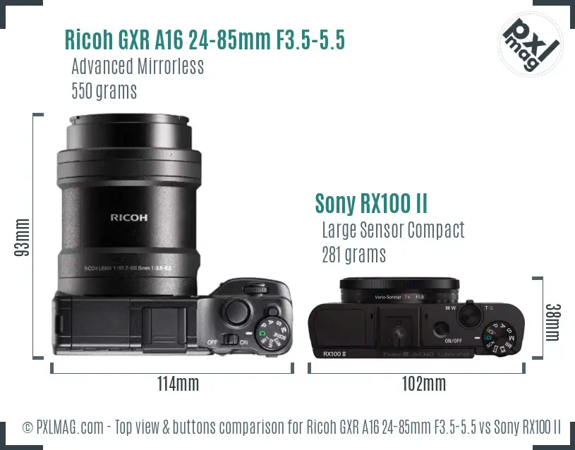 Ricoh GXR A16 24-85mm F3.5-5.5 vs Sony RX100 II top view buttons comparison