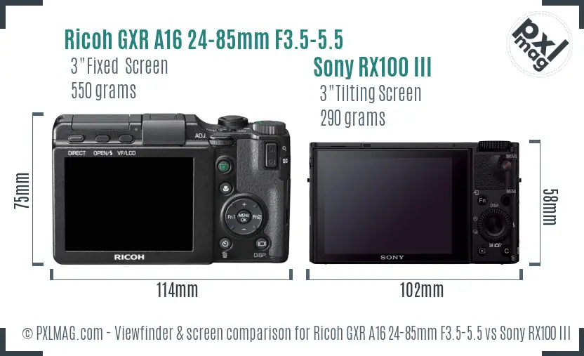 Ricoh GXR A16 24-85mm F3.5-5.5 vs Sony RX100 III Screen and Viewfinder comparison Ricoh GXR A16 24-85mm F3.5-5.5 vs Sony RX100 III Screen and Viewfinder comparison