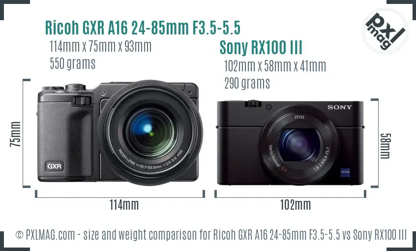 Ricoh GXR A16 24-85mm F3.5-5.5 vs Sony RX100 III size comparison Ricoh GXR A16 24-85mm F3.5-5.5 vs Sony RX100 III size comparison