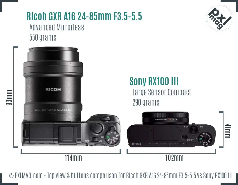 Ricoh GXR A16 24-85mm F3.5-5.5 vs Sony RX100 III top view buttons comparison Ricoh GXR A16 24-85mm F3.5-5.5 vs Sony RX100 III top view buttons comparison