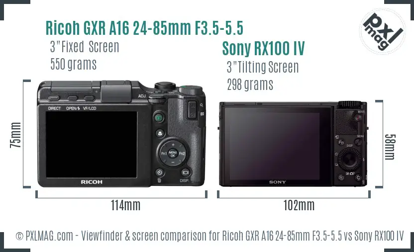 Ricoh GXR A16 24-85mm F3.5-5.5 vs Sony RX100 IV Screen and Viewfinder comparison