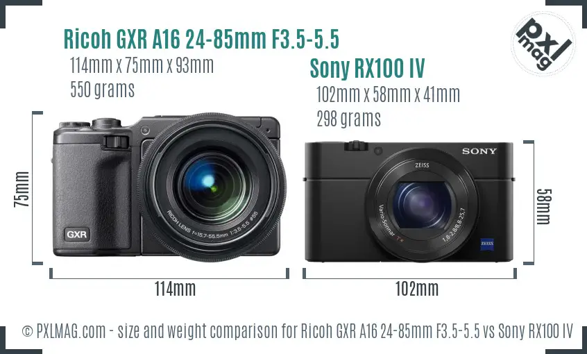 Ricoh GXR A16 24-85mm F3.5-5.5 vs Sony RX100 IV size comparison