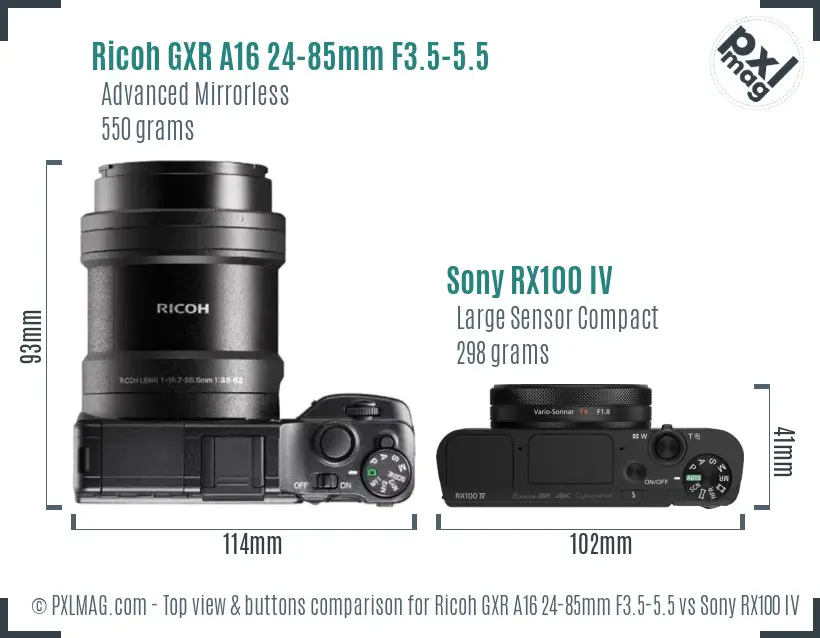 Ricoh GXR A16 24-85mm F3.5-5.5 vs Sony RX100 IV top view buttons comparison