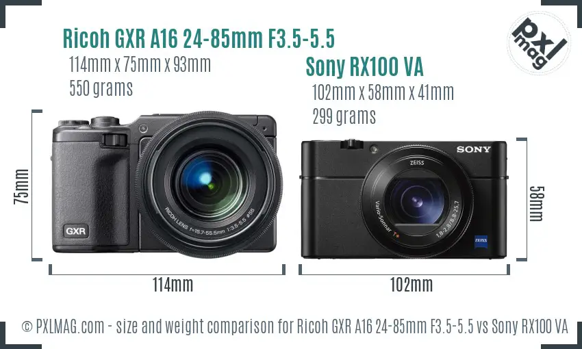 Ricoh GXR A16 24-85mm F3.5-5.5 vs Sony RX100 VA size comparison