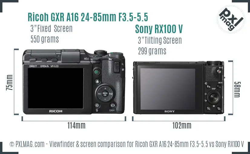 Ricoh GXR A16 24-85mm F3.5-5.5 vs Sony RX100 V Screen and Viewfinder comparison