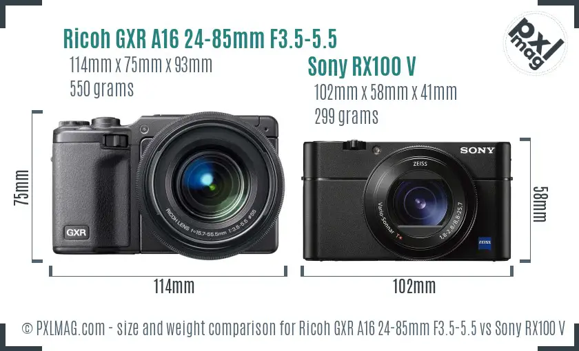 Ricoh GXR A16 24-85mm F3.5-5.5 vs Sony RX100 V size comparison