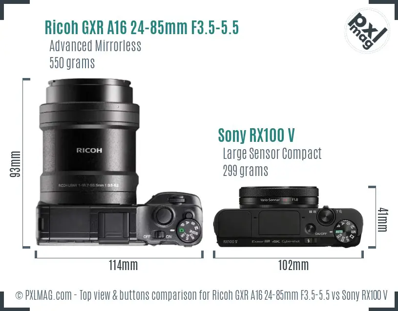 Ricoh GXR A16 24-85mm F3.5-5.5 vs Sony RX100 V top view buttons comparison