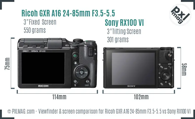 Ricoh GXR A16 24-85mm F3.5-5.5 vs Sony RX100 VI Screen and Viewfinder comparison