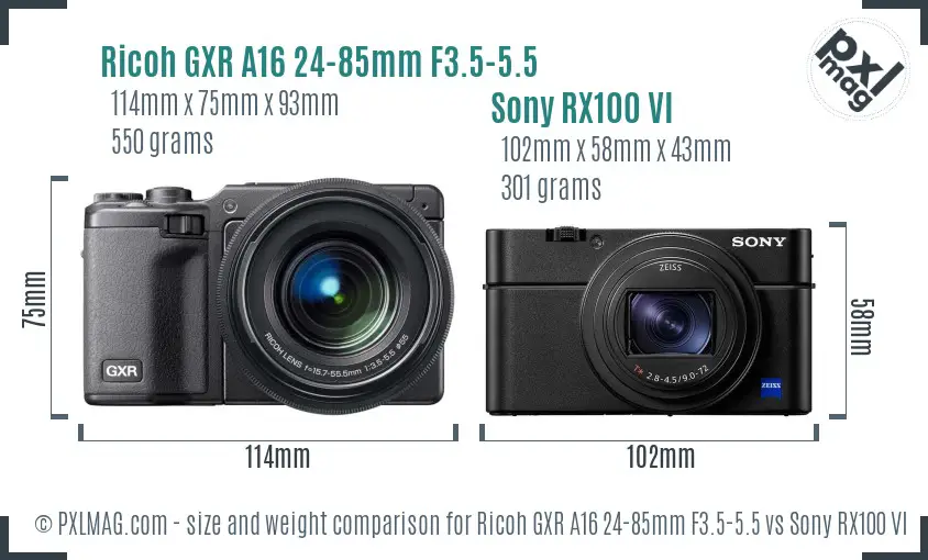 Ricoh GXR A16 24-85mm F3.5-5.5 vs Sony RX100 VI size comparison