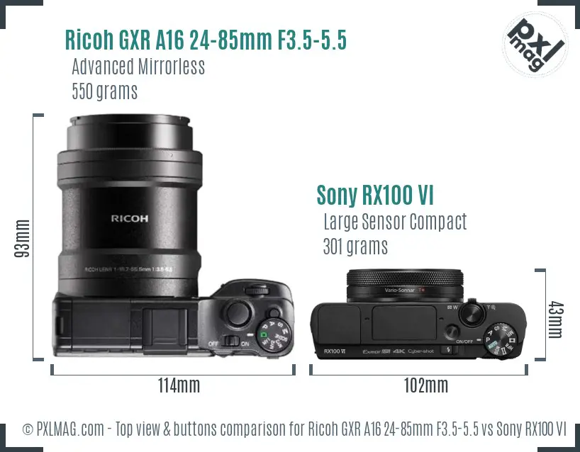 Ricoh GXR A16 24-85mm F3.5-5.5 vs Sony RX100 VI top view buttons comparison