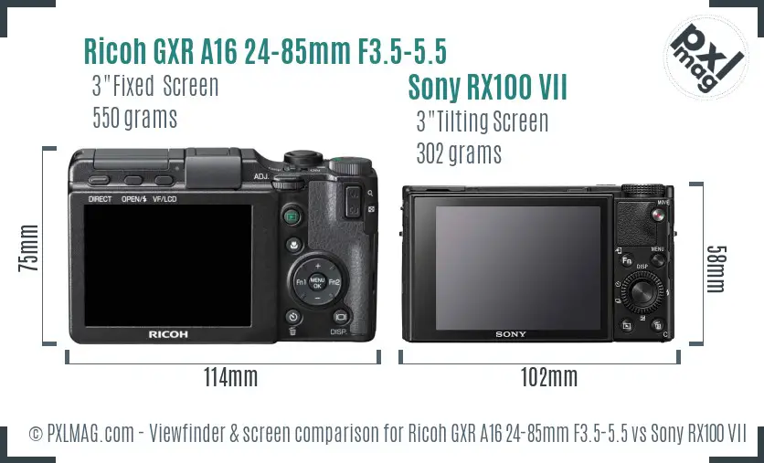Ricoh GXR A16 24-85mm F3.5-5.5 vs Sony RX100 VII Screen and Viewfinder comparison