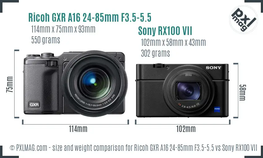 Ricoh GXR A16 24-85mm F3.5-5.5 vs Sony RX100 VII size comparison