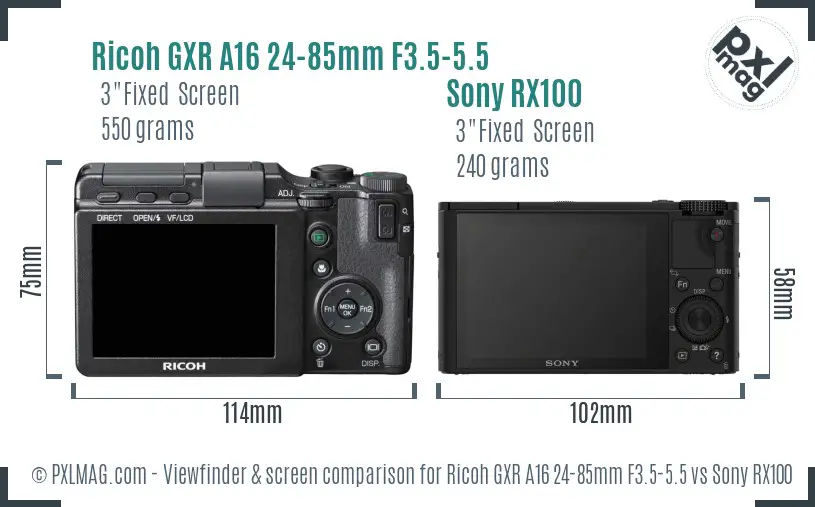 Ricoh GXR A16 24-85mm F3.5-5.5 vs Sony RX100 Screen and Viewfinder comparison