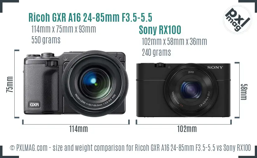 Ricoh GXR A16 24-85mm F3.5-5.5 vs Sony RX100 size comparison
