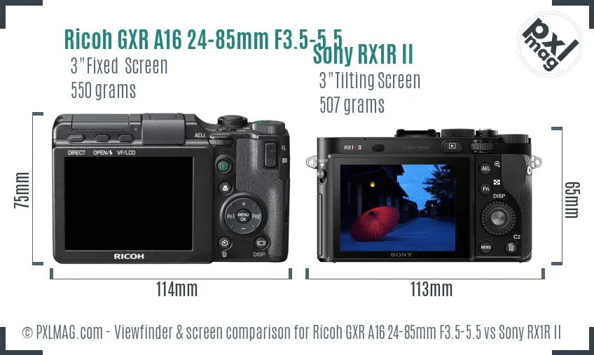Ricoh GXR A16 24-85mm F3.5-5.5 vs Sony RX1R II Screen and Viewfinder comparison