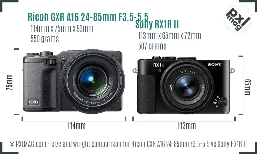 Ricoh GXR A16 24-85mm F3.5-5.5 vs Sony RX1R II size comparison