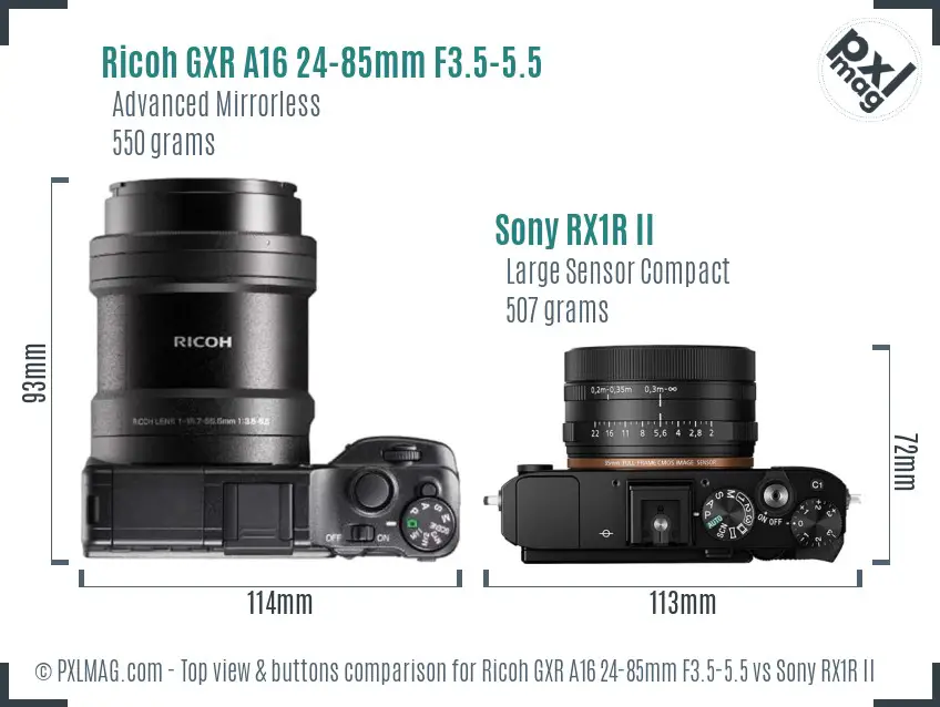 Ricoh GXR A16 24-85mm F3.5-5.5 vs Sony RX1R II top view buttons comparison