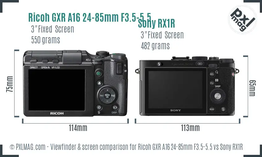 Ricoh GXR A16 24-85mm F3.5-5.5 vs Sony RX1R Screen and Viewfinder comparison