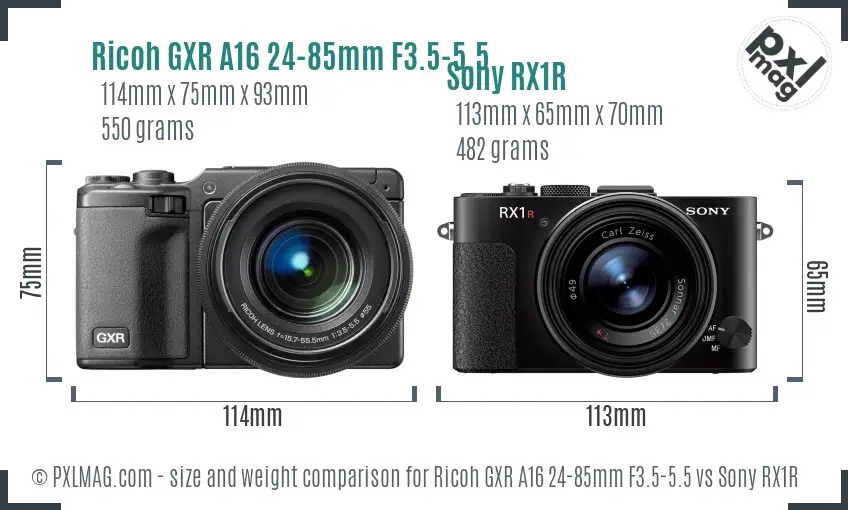 Ricoh GXR A16 24-85mm F3.5-5.5 vs Sony RX1R size comparison