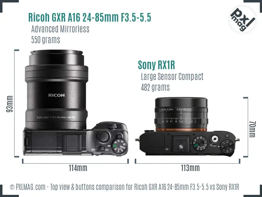 Ricoh GXR A16 24-85mm F3.5-5.5 vs Sony RX1R top view buttons comparison