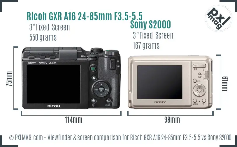 Ricoh GXR A16 24-85mm F3.5-5.5 vs Sony S2000 Screen and Viewfinder comparison