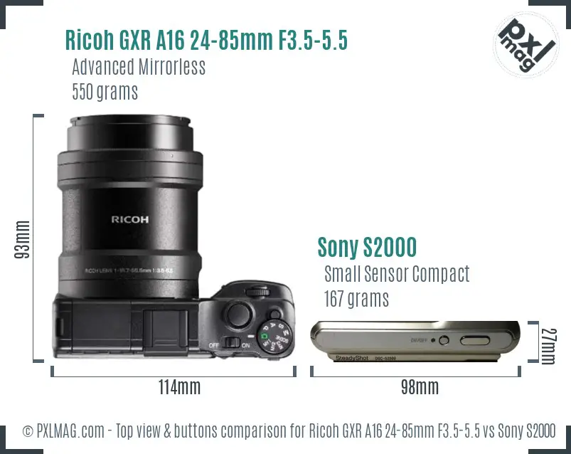 Ricoh GXR A16 24-85mm F3.5-5.5 vs Sony S2000 top view buttons comparison